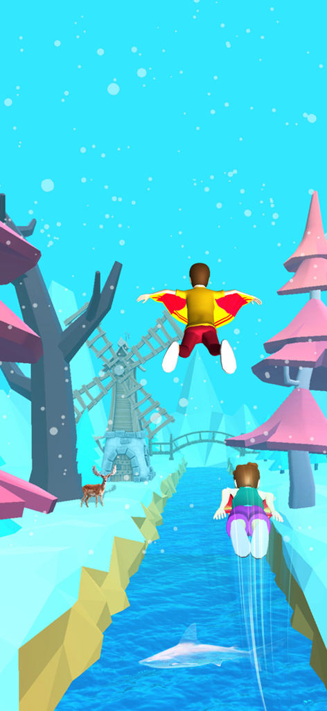 Wingsuit Ride: Skydiving Game - Un personaje con un traje de wingsuit amarillo volando sobre un río nevado con un molino de viento y árboles rosas