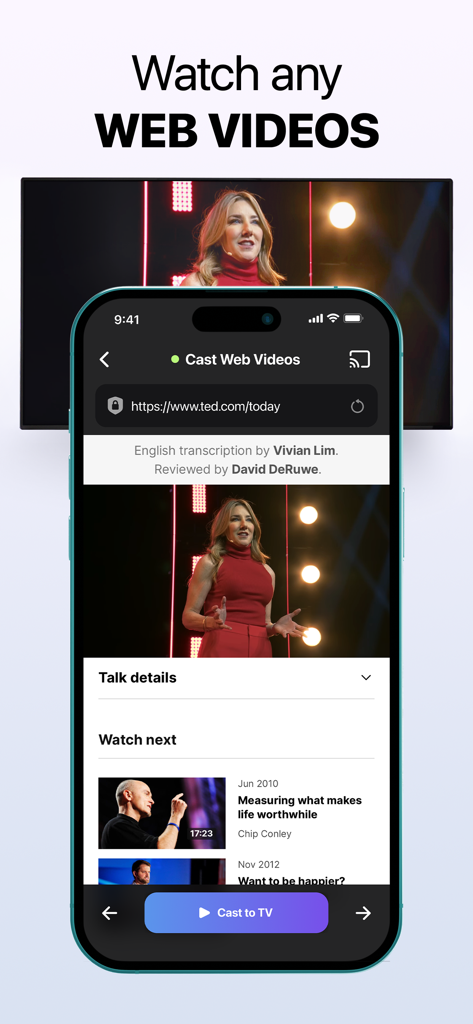 Screen Mirroring | Cast to TV - iPhone app interface showing a web video being cast from a mobile browser to a television screen