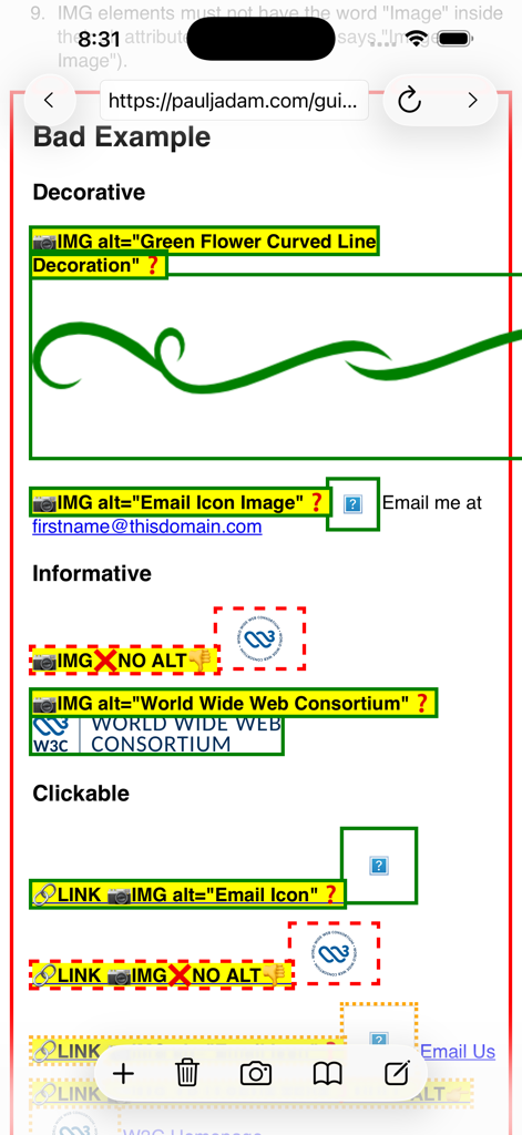 a11yTools - Web Accessibility - Accessibility audit overlay showing image alternative text attributes and errors on a mobile website.