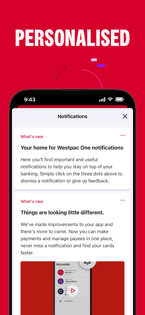 Smartphone screen showing the personalised notifications center in the Westpac One NZ mobile banking app