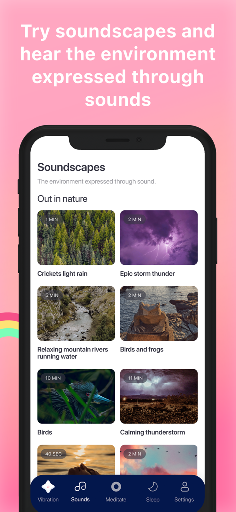 iVibrate - Vibrator Phone Spa - iVibrate app interface showing a list of nature soundscapes like rain and thunderstorms for relaxation