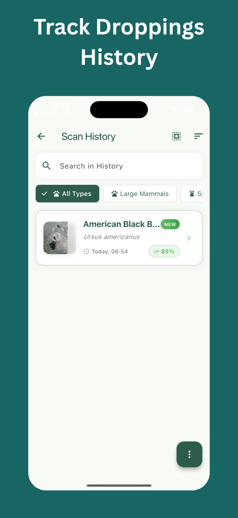 Animal Scat Identifier: Scan - The scan history interface of the Animal Scat Identifier app showing a log entry for an American Black Bear