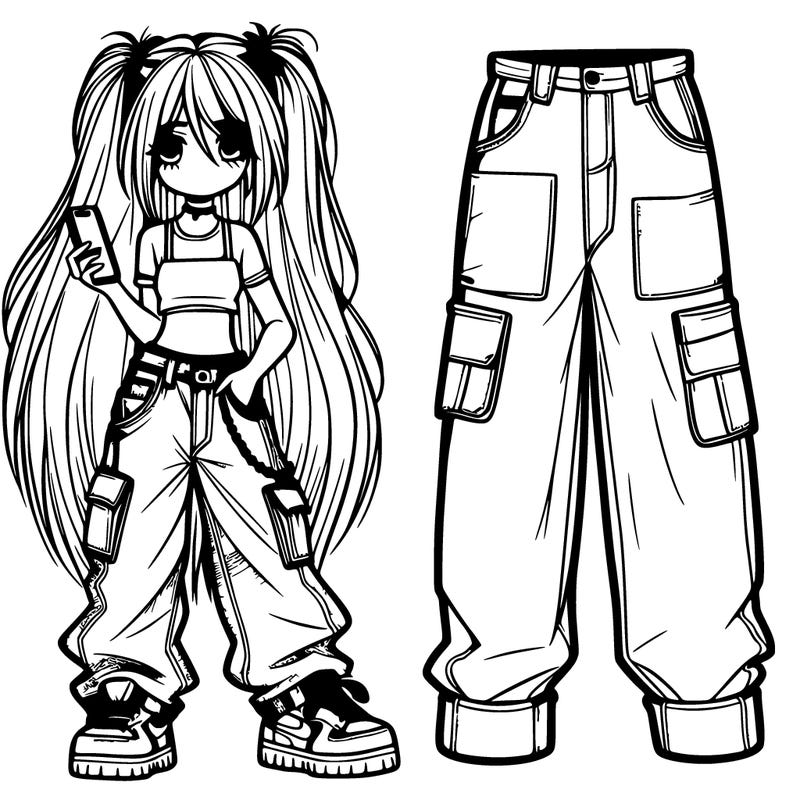 girl with really long hair cargo jeans baggy clothes and her phone