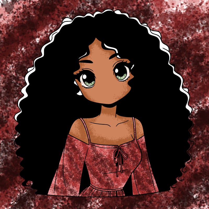 a black anime girl with long afro hair