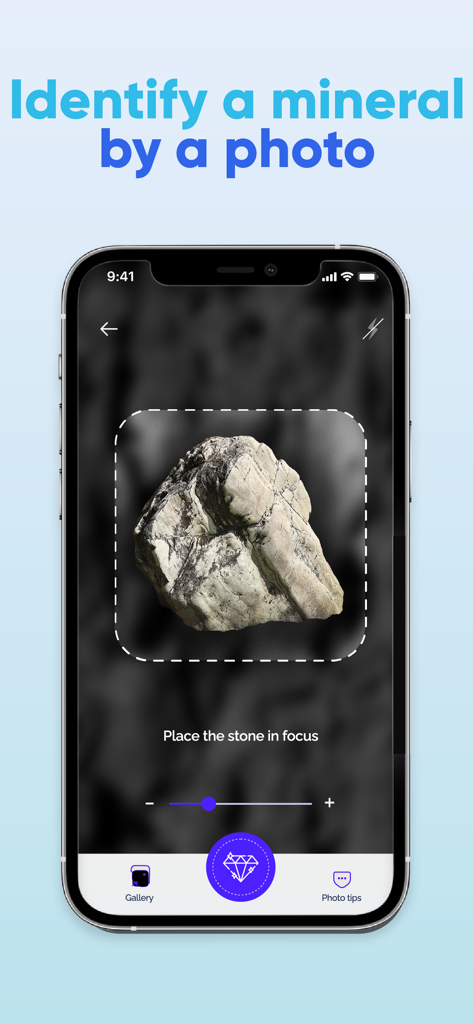 Rock Identifier: Id by Photo - A smartphone screen showing the Rock Identifier app interface to identify a mineral by taking a photo