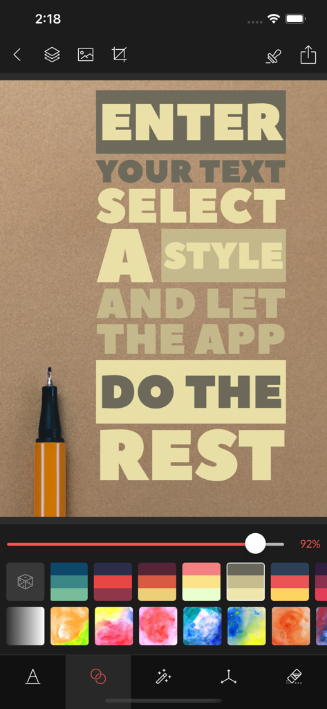 TypiMage-Mobil-App-Oberfläche mit einem kräftigen Typografie-Poster und verschiedenen Farb- und Texturauswahloptionen