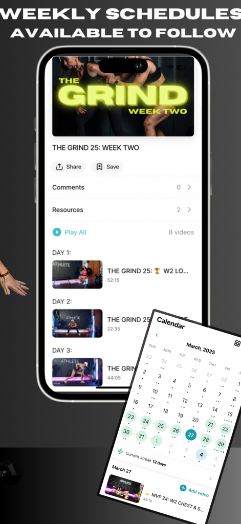 SALT Training App - Interface of the SALT Training App showing a weekly training schedule and a calendar for tracking workout progress.