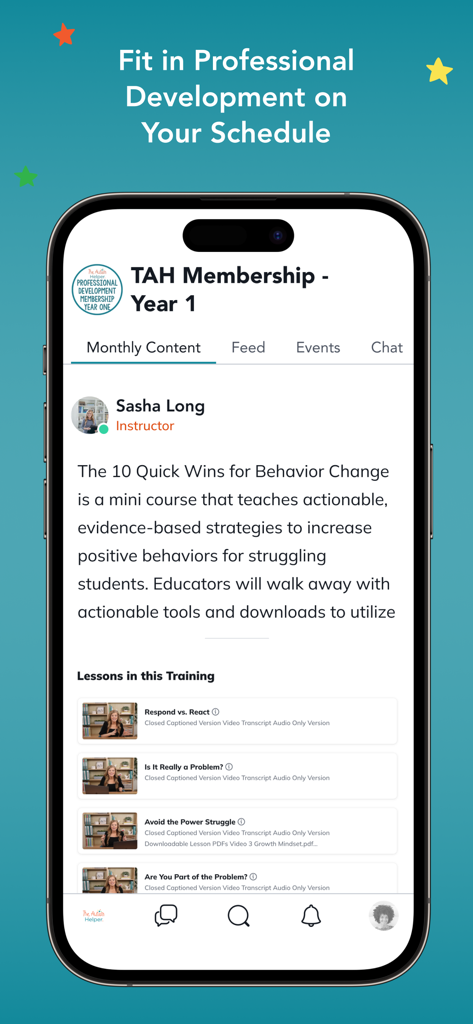 The Autism Helper app interface showing professional development training modules for behavior change strategies