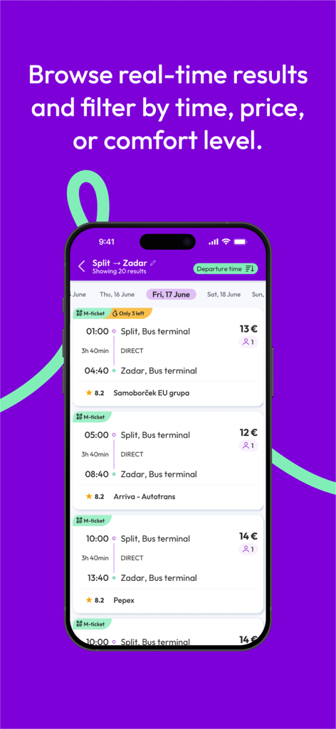 Traveling.com - Mobile app screen showing real time bus search results from Split to Zadar with prices and departure times