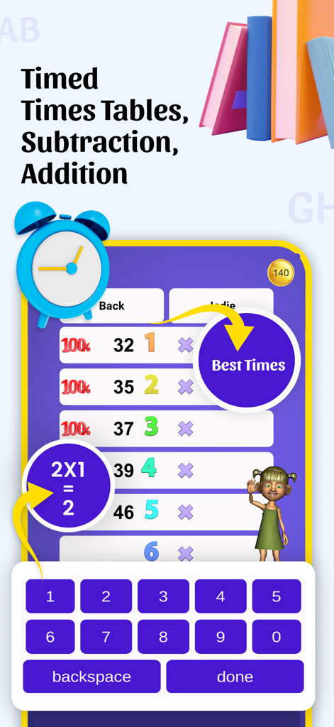 Spelling Homework Times Tables - Timed math tables practice screen showing multiplication tests and best times tracking