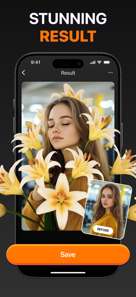 VideoVerse - AI Effects - A mobile app screenshot showing an AI-generated artistic transformation of a woman surrounded by blooming lilies with a before and after comparison.
