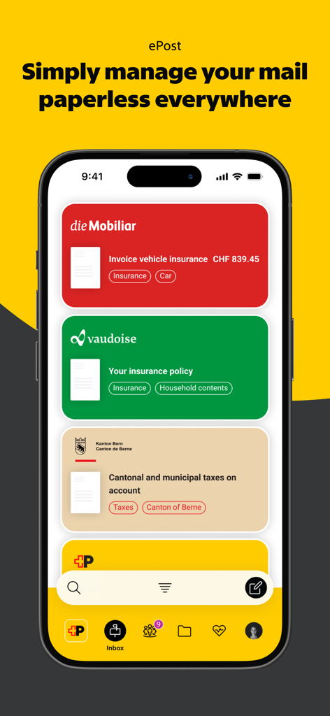 Swiss Post - Swiss PostアプリのePostインターフェイス画面で、デジタルメールと請求書をペーパーレスで管理