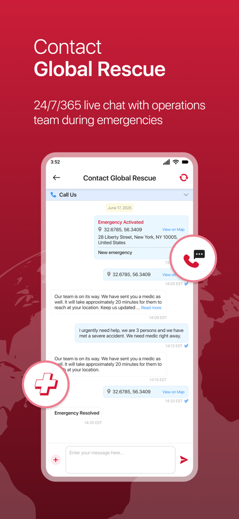Interface of My Global Rescue app showing a live emergency chat with medical support response