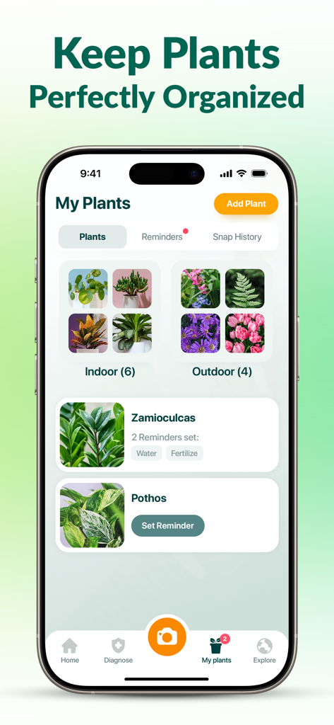 Plantum - AI Plant Identifier - Tela do aplicativo Plantum exibindo coleções de plantas organizadas, internas e externas, com lembretes de cuidados