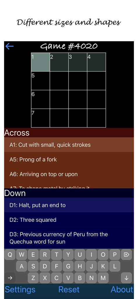 Interface of Solo Cross app showing a 4x4 crossword puzzle with word clues and a custom keyboard