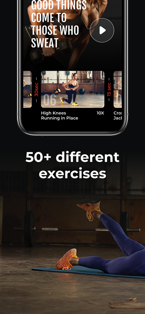 Fitness for Women - Fit Flame - Pantalla de la aplicación Fit Flame que muestra una biblioteca de más de 50 ejercicios de fitness diferentes para mujeres