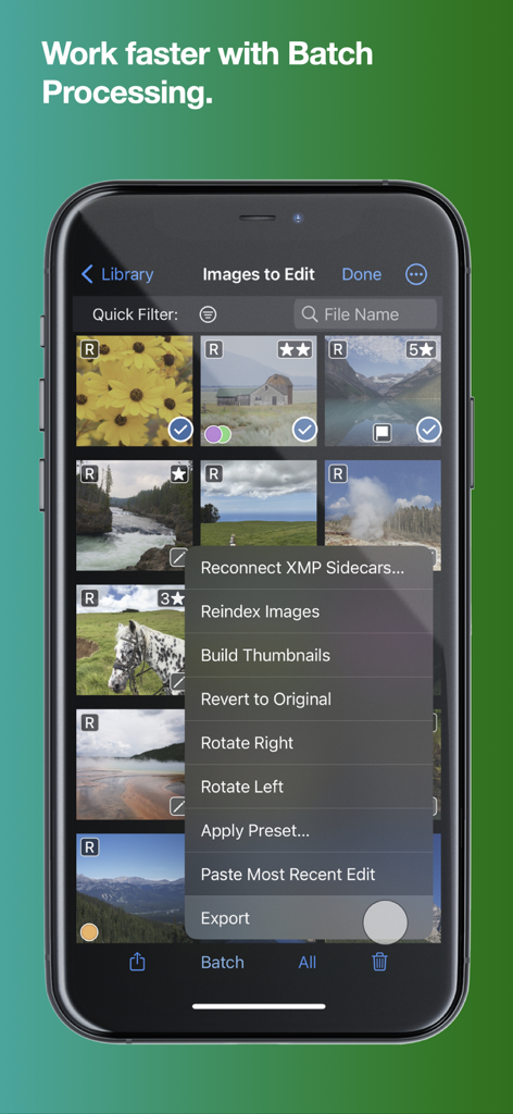 A smartphone showing the batch processing menu in the Nitro Photo app with options like rotate, apply preset, and export images.