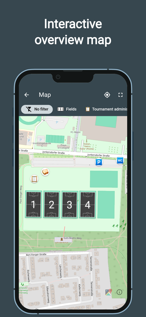 Tourney Maker - An interactive overview map of a sports tournament complex showing numbered fields and facilities