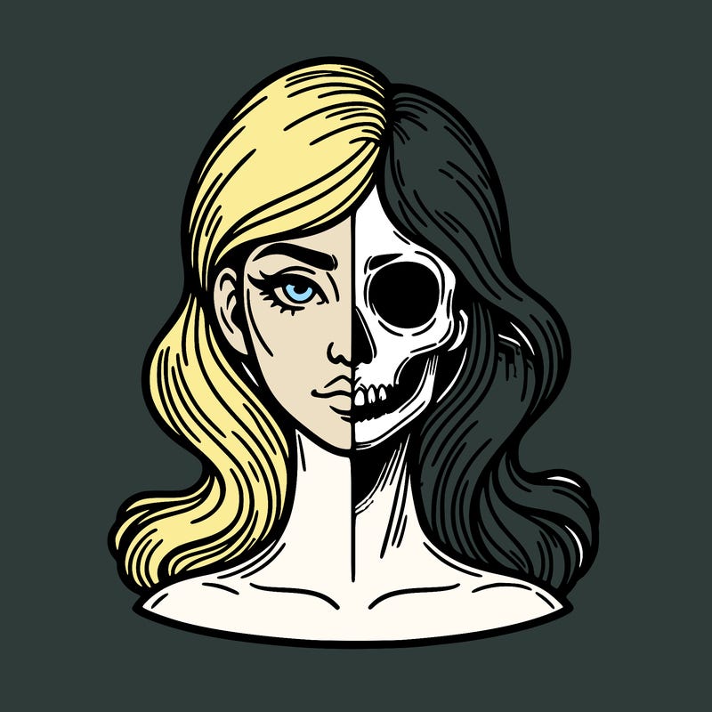 bust of a woman, half face and hair, half skull