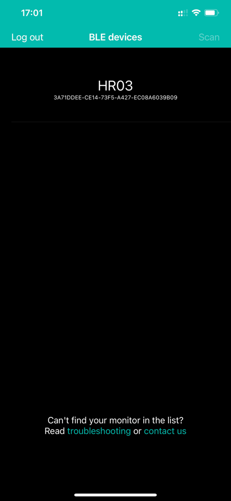 Pulsoid - Pulsoid app showing a list of detected Bluetooth Low Energy heart rate monitors ready for connection