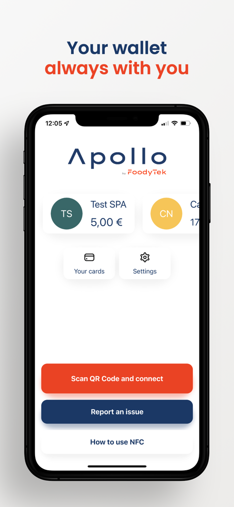 Apollo by FoodyTek - Main interface of the Apollo by FoodyTek app featuring wallet balance and scan QR code button