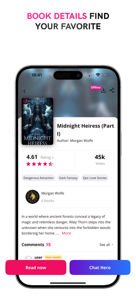 Epicbooks Romantic Novels - Mobile app screen showing book details for a dark fantasy romance novel with options to read now and chat with the character