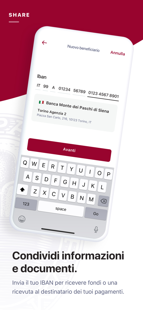 Banca MPS - Interfaccia dell'app mobile Banca MPS per la condivisione dei dettagli IBAN e delle ricevute di pagamento