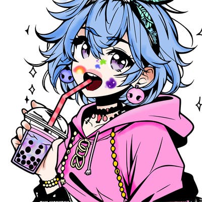 hot baddie anime girl drinking boba and biting the straw