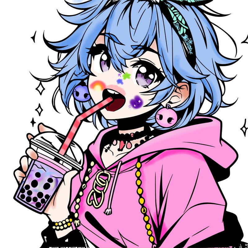 hot baddie anime girl drinking boba and biting the straw