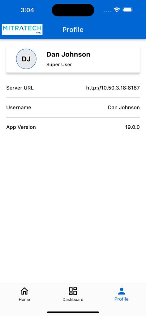 User profile screen in CMO Compliance V19 app displaying user information and app version