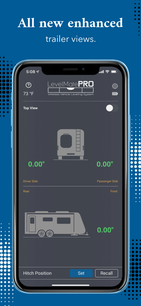 LevelMatePRO - Interface of the LevelMatePRO app on a smartphone showing top and side views of a travel trailer with precise leveling measurements