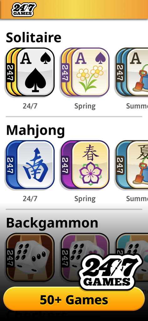 Interfaz de la aplicación 247 Games mostrando Solitario Mahjong y Backgammon con temas de temporada