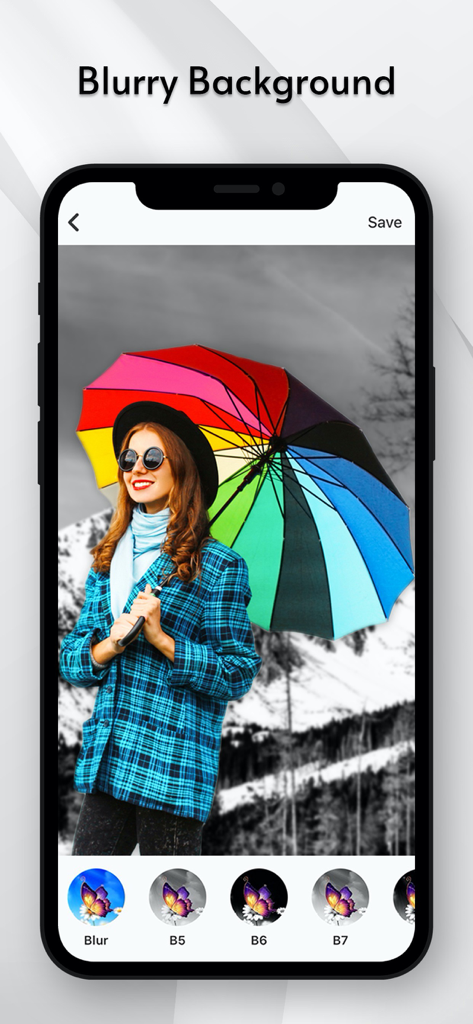 Color Pop - Photo Editor - Color Pop app interface showing a person with a colorful umbrella against a blurred grayscale background
