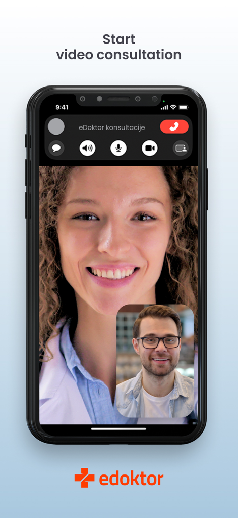 eDoktor - Interface of eDoktor app showing a live video consultation between a doctor and a patient on an iPhone.