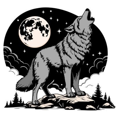 realistic wolf howling at moon
