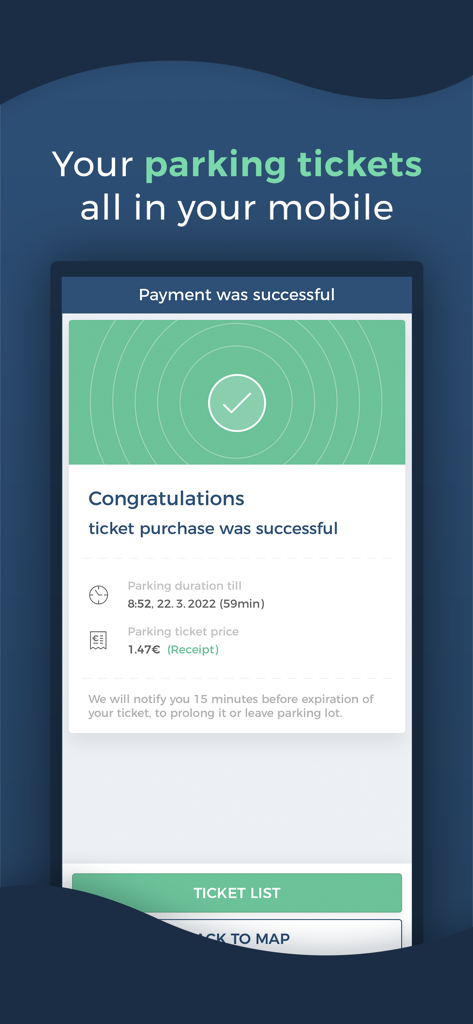 Smartphone screen showing a successful parking ticket payment in the ParkDots app.