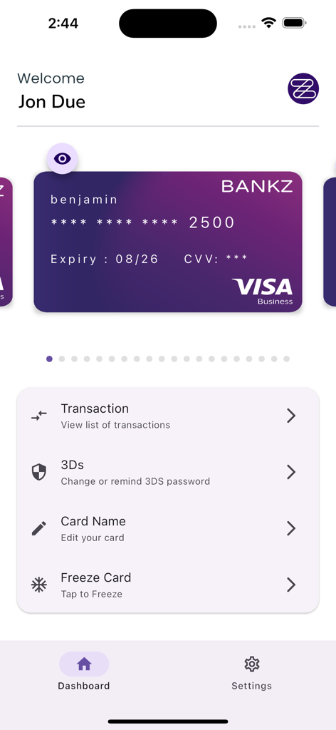 Bankz Cards - Mobile dashboard of Bankz Cards showing a virtual purple Visa card and options for transactions and card freezing