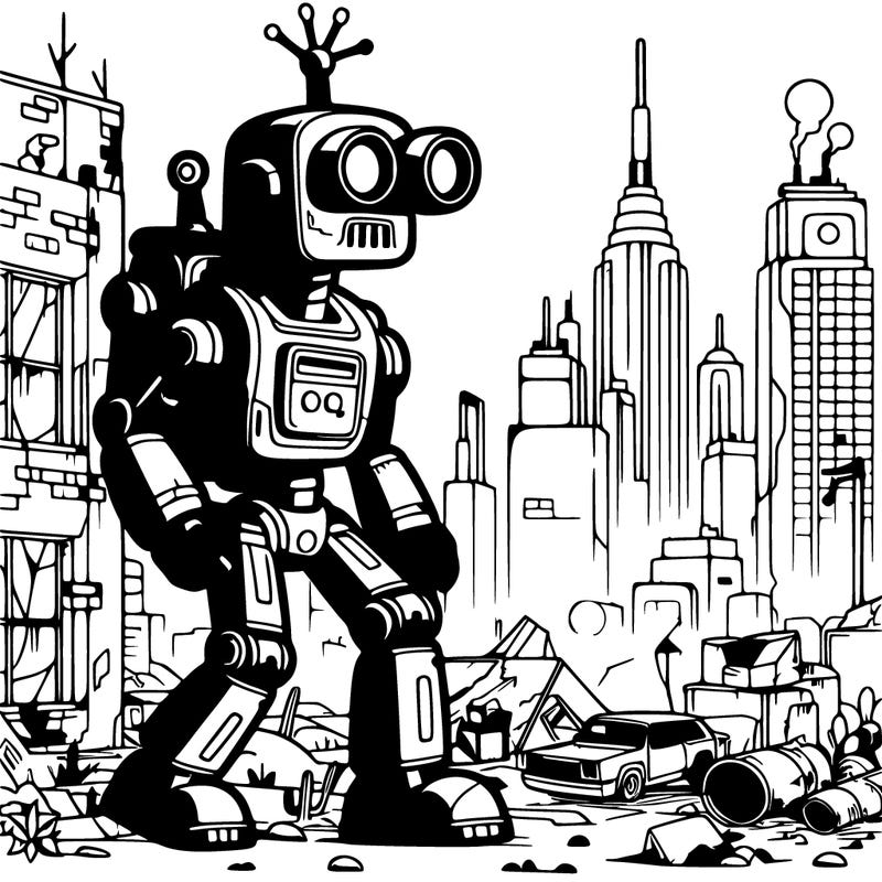 robot exploring a post-apocalyptic cityscape