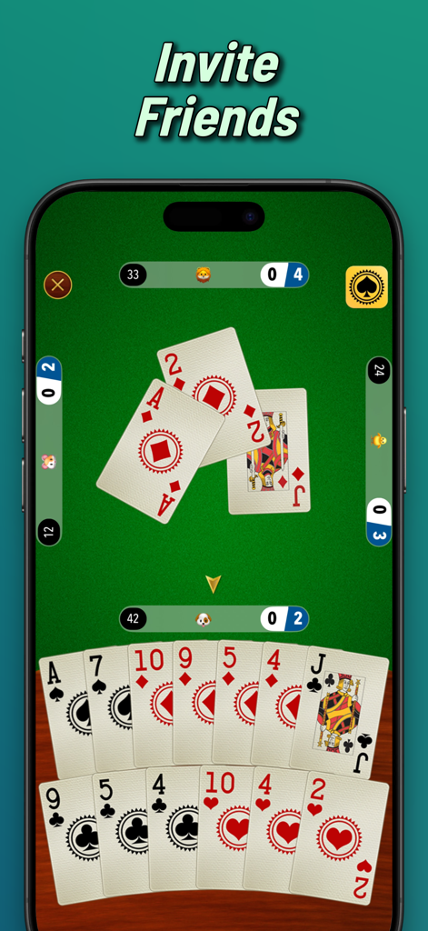 Batak Online trick taking game - Uma captura de tela móvel do Batak Online mostrando a interface do jogo de cartas com um título Convidar Amigos.