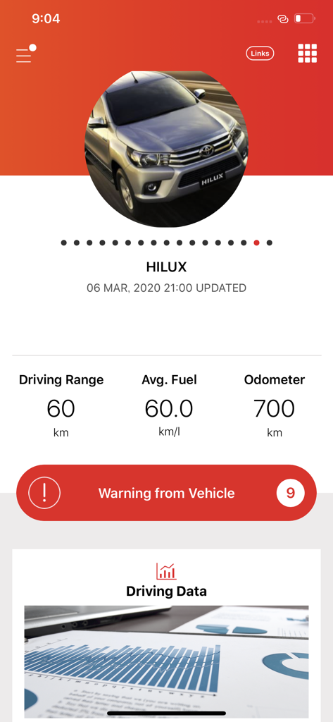 ZEED T-Connect - Interface do aplicativo ZEED T-Connect mostrando dados de condução do Toyota Hilux e uma notificação de aviso do veículo