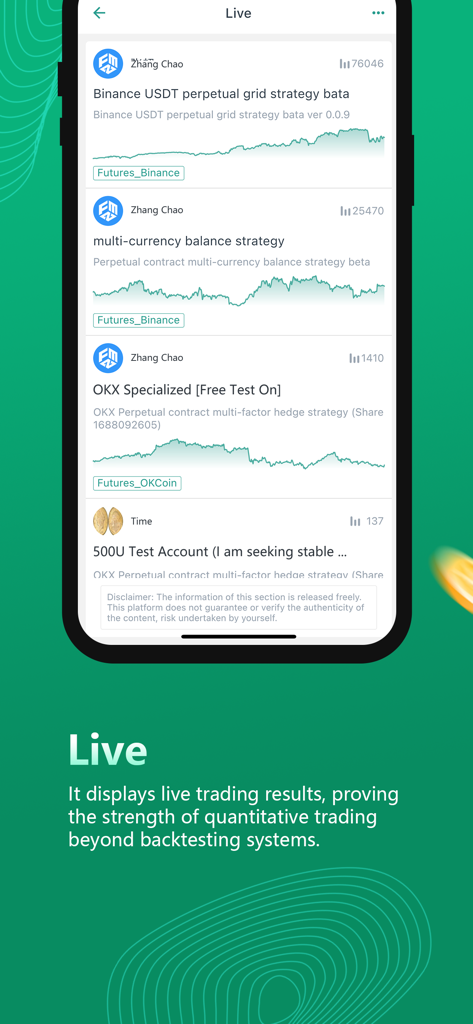 FMZ Quant - The FMZ Quant app live trading interface displaying performance graphs for various automated quantitative strategies.