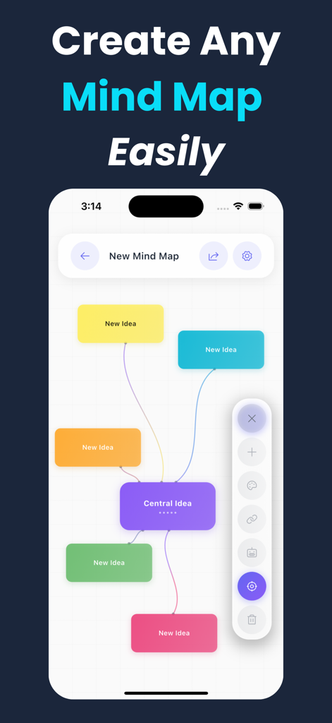 Mind Map: AI Powered - Interfaz de aplicación móvil que muestra un mapa mental colorido con una idea central y nodos ramificados
