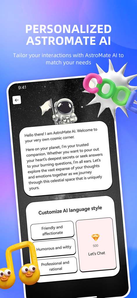 Smira app interface showing the AstroMate AI chat with options to customize its language style to friendly witty or professional