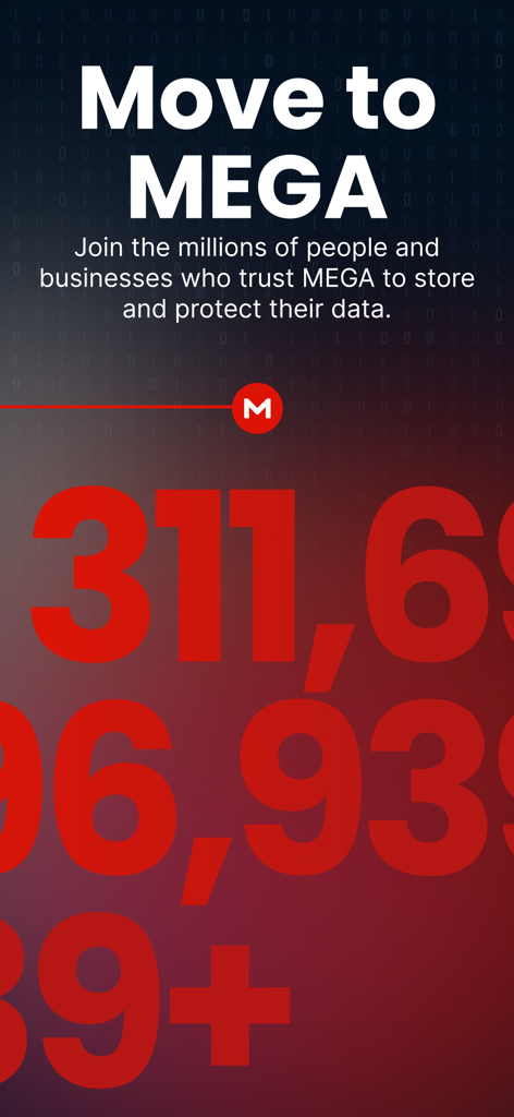 Move to MEGA promotional screen highlighting secure data protection for millions of users