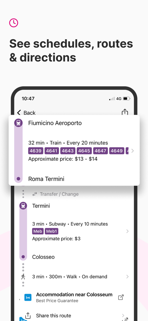 Rome2Rio: Trip Planner - Schermata dell'app Rome2Rio che mostra orari e indicazioni per percorsi di treno e metropolitana con stime dei prezzi