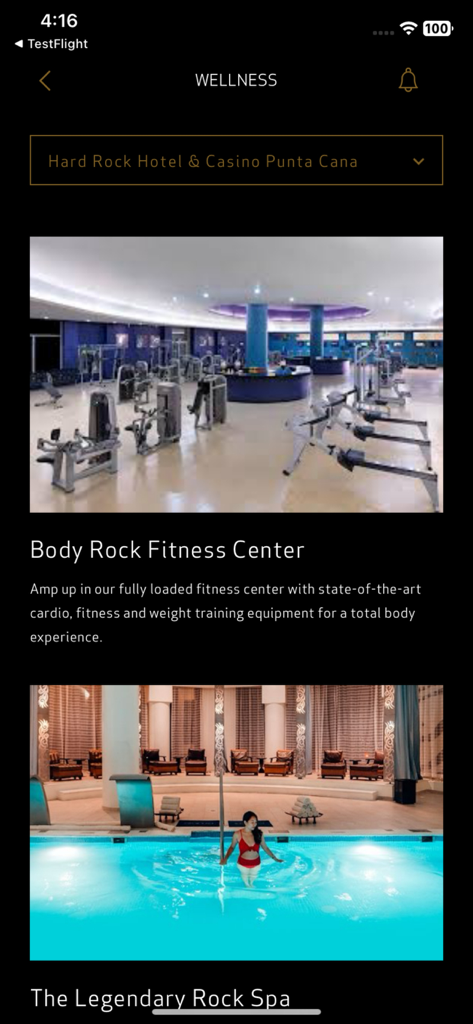 PAM Hotels - Sección de bienestar de la app de PAM Hotels con detalles del gimnasio y spa de lujo.