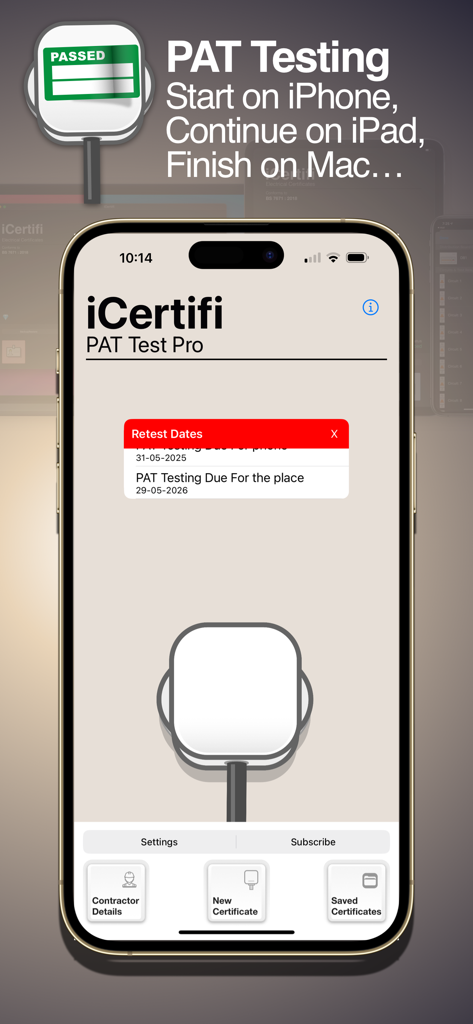 Pat Test Pro - Home screen of the Pat Test Pro app showing retest dates and certificate management options on an iPhone.