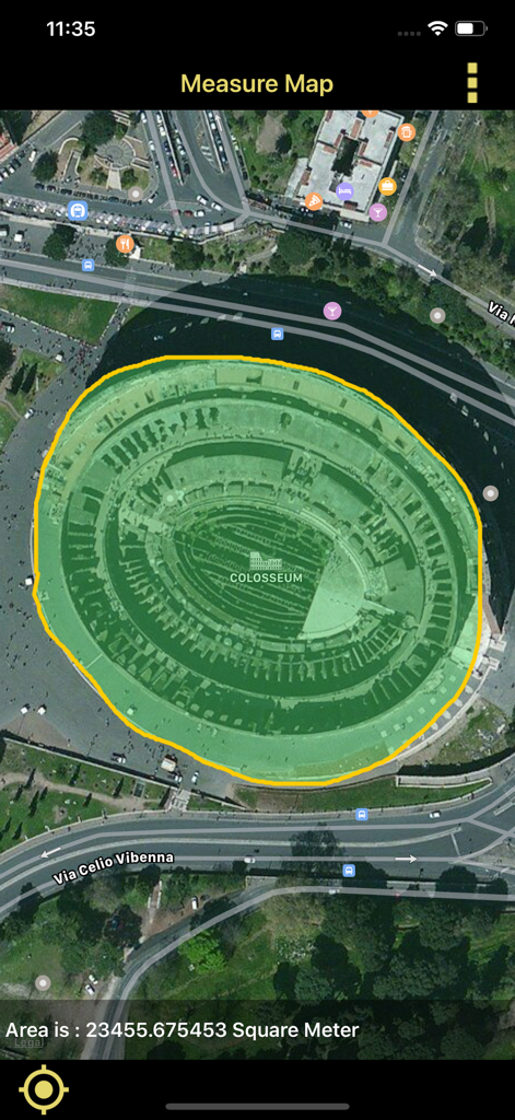 Distance & Area Measure On Map - Satellite view showing the area measurement of the Colosseum in square meters using the app.