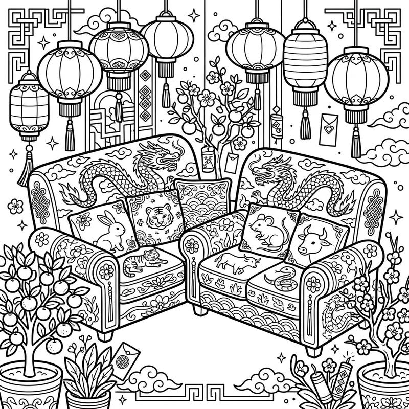Immerse yourself in the joy of Lunar New Year with this beautifully detailed coloring page featuring festive loveseats. Adorned with dragons, lanterns, and zodiac animals, it's perfect for a cozy celebration.