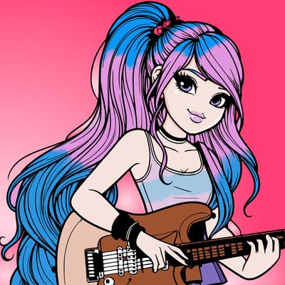 realistic girl with a really long ponytail playing the electric guitar